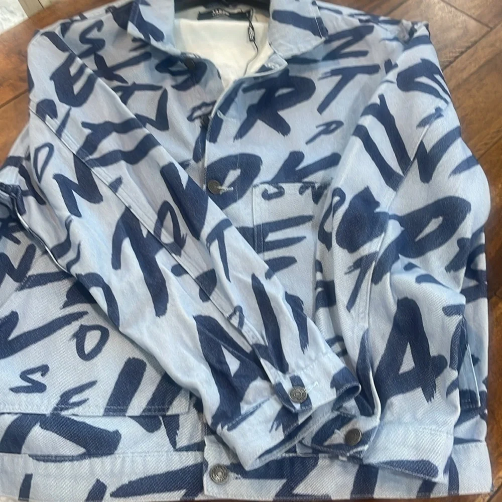 Jaded London Graffiti Blue denim jacket oversized size Small urban streetwear
